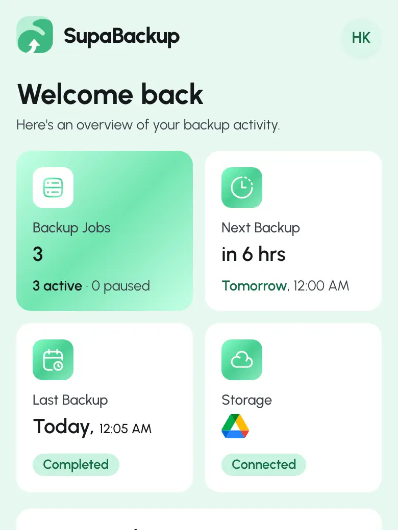 SupaBackup dashboard showing backup jobs, recent backups and job health